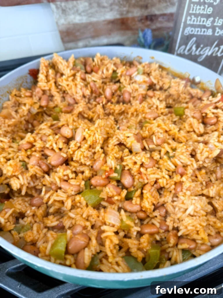Pinto Bean Fiesta Rice 5 A top-down view of Spanish Rice with Pinto Beans in a skillet, garnished with fresh cilantro and a spoon, ready to be served family-style.