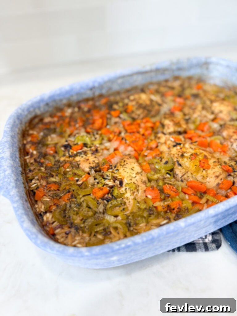Close-up of a serving of Chicken and Wild Rice Casserole, showing tender chicken, rice, and vegetables.