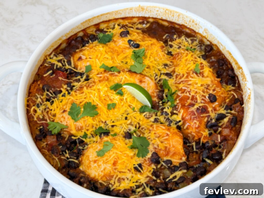 Southwestern Chicken and Black Bean Rice Bake 3 Close-up of baked Chicken Black Bean and Rice Casserole with melted cheese