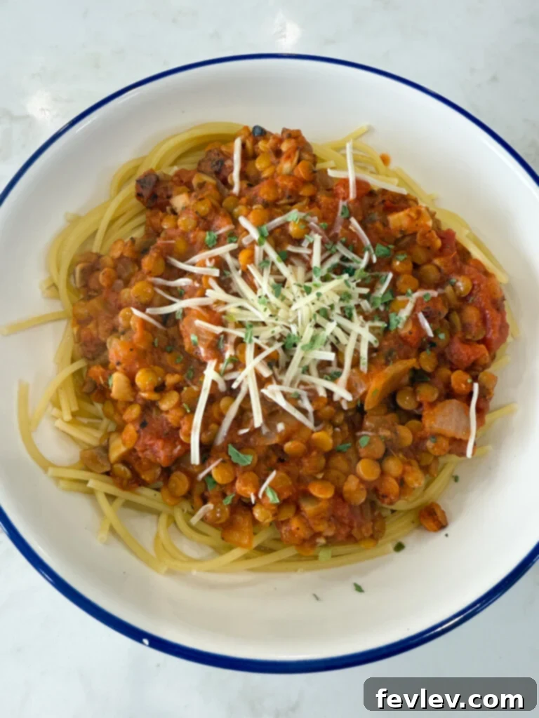 easy Lentil Bolognese served over pasta