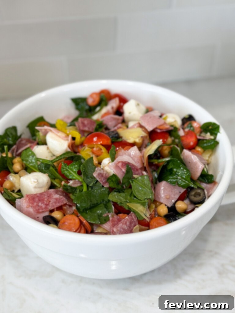 The best chickpea antipasto salad, perfectly mixed and ready to be served