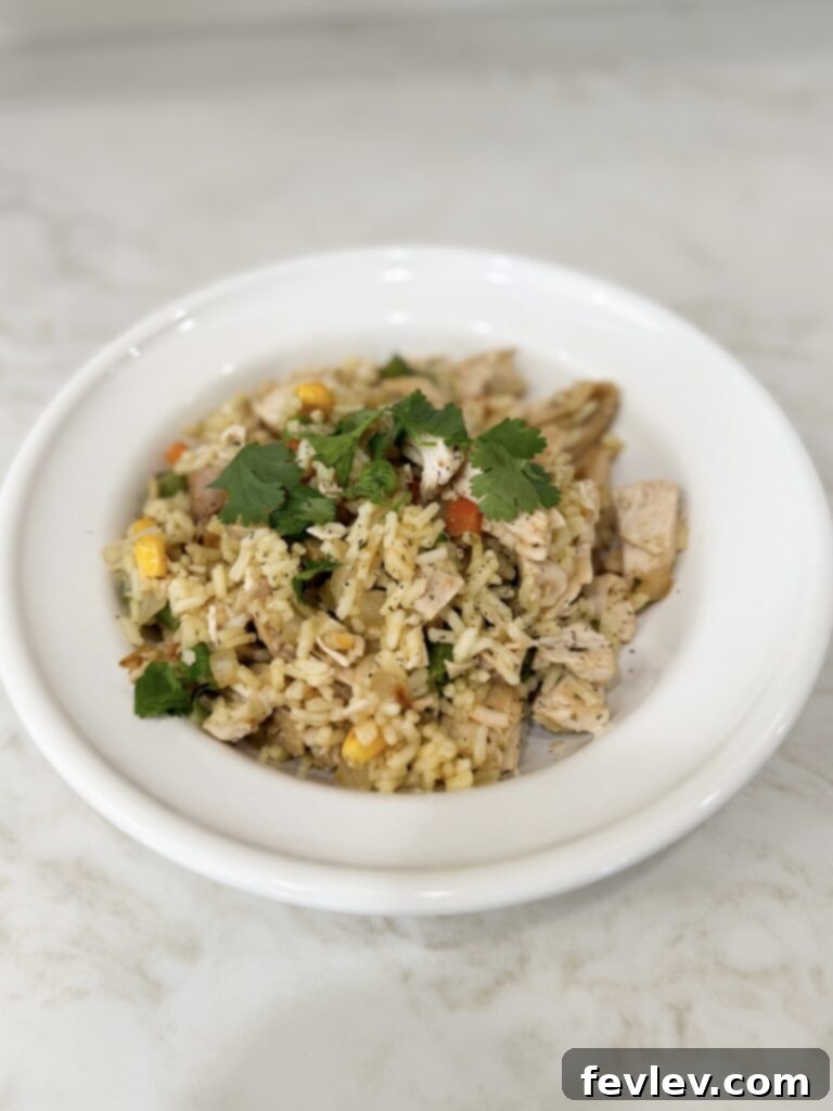 One-Pan Chicken veggies and rice finished dish