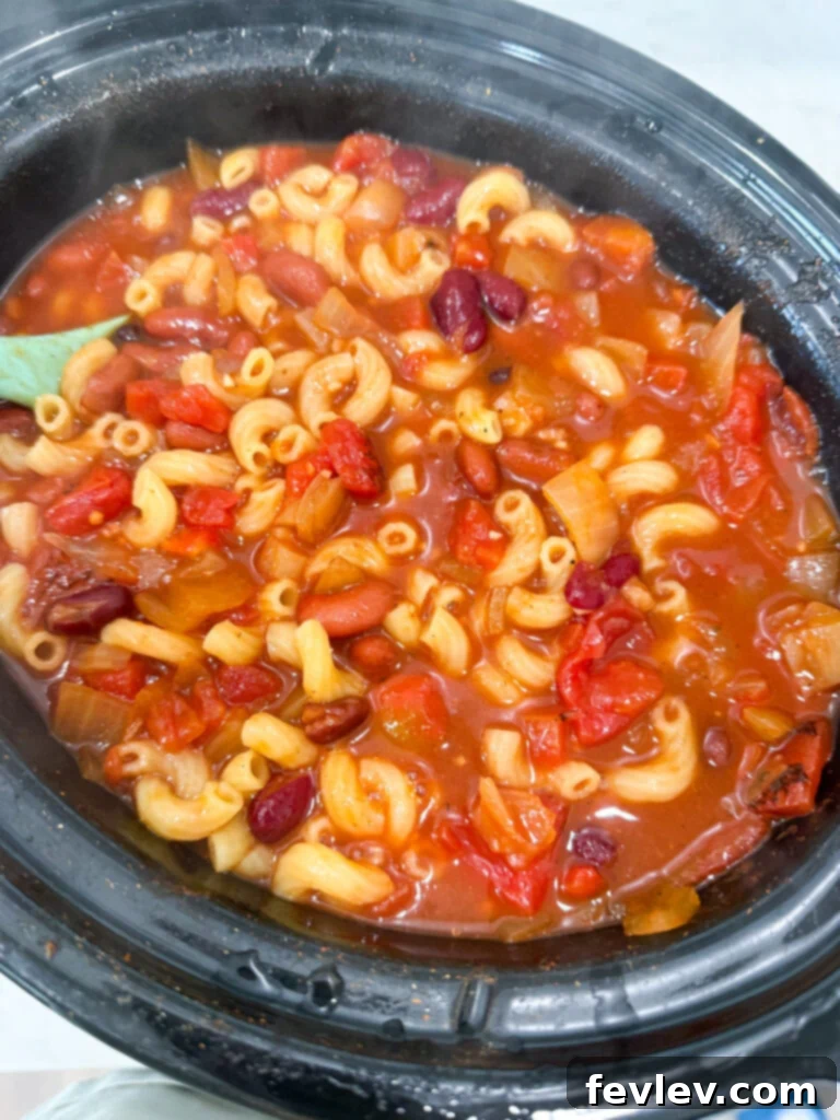 A close-up shot of perfectly cooked and rich Meatless Chili Mac, ready to serve.