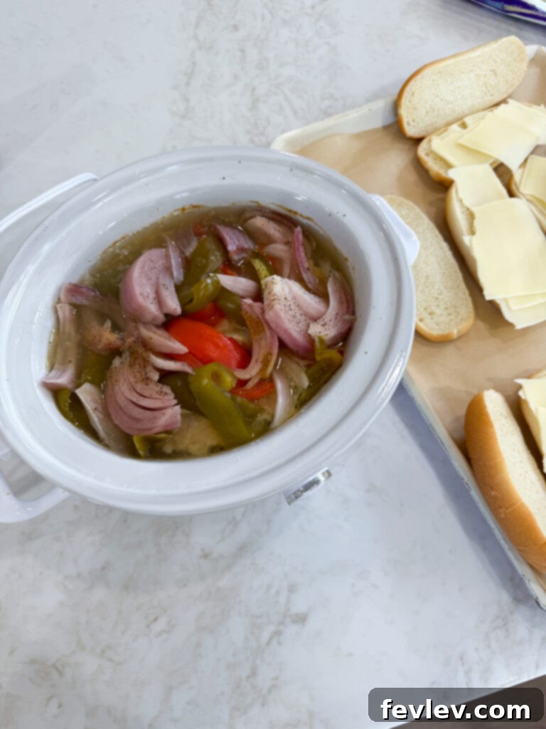 Crockpot Chicken Philly Cheesesteak Sandwich with tender chicken and veggies
