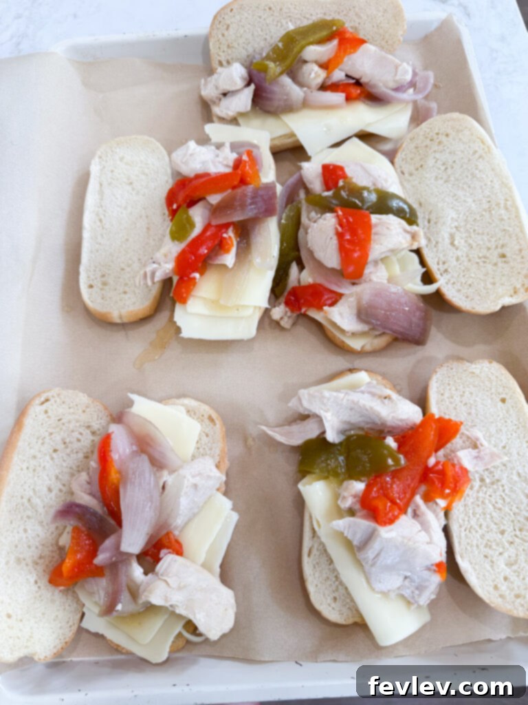 The best chicken and veggie sandwiches, ready to be broiled