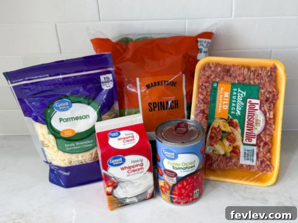 Ingredients for homemade creamy Italian sausage pasta