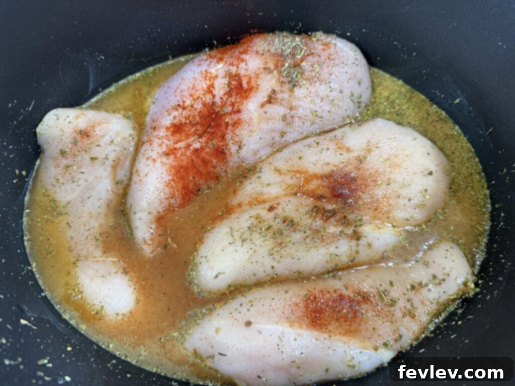 Effortless Slow Cooker Shredded Chicken 4 Raw chicken with seasoning and broth in a slow cooker, ready to cook