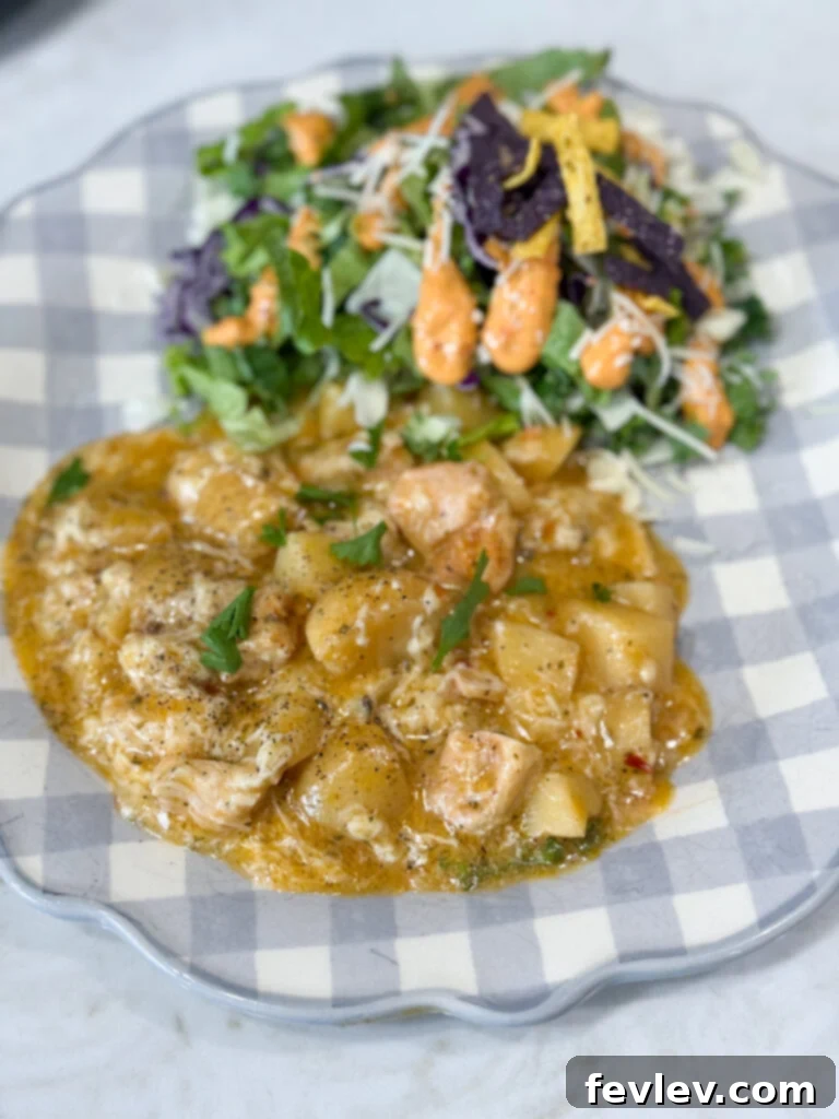 Parmesan Garlic Chicken and Potato Slow Cooker 11 chicken and potatoes on a blue and white plate with salad