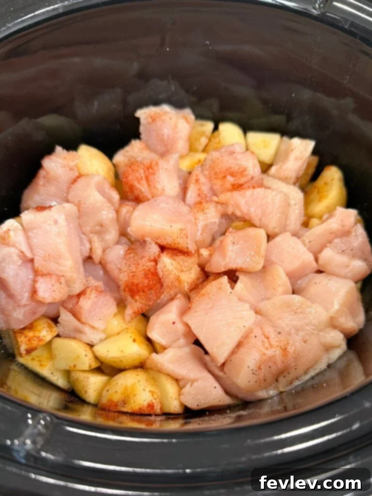 Parmesan Garlic Chicken and Potato Slow Cooker 6 raw chicken and potatoes in slow cooker with seasoning