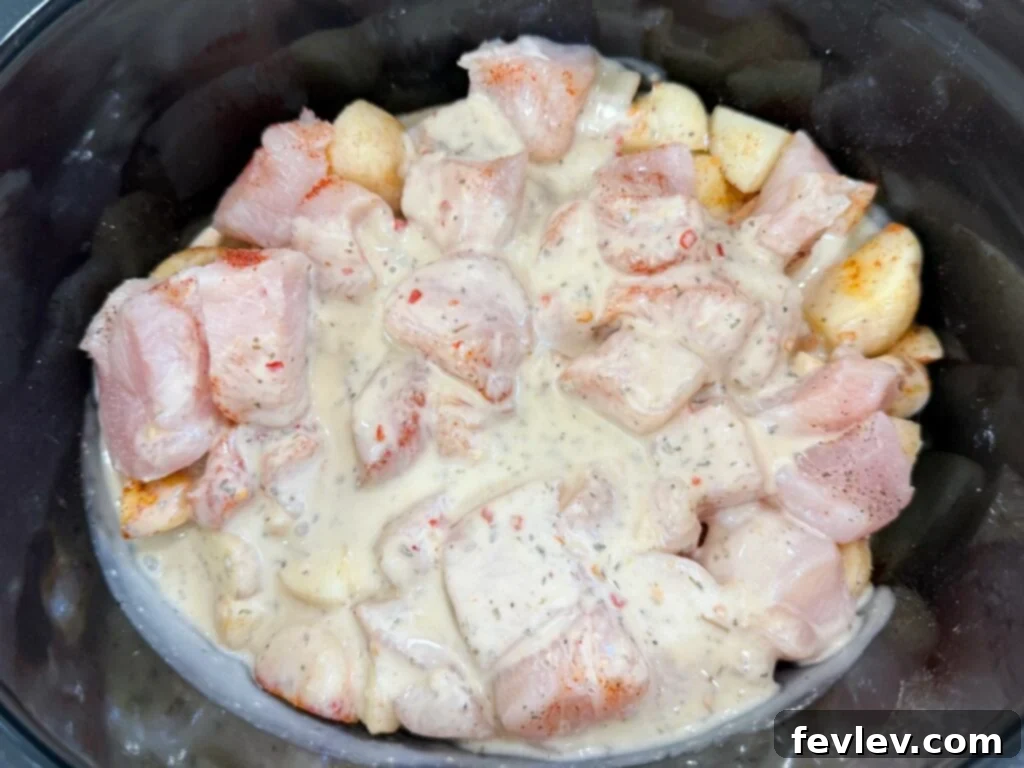 Raw chicken with parmesan mixture over top in a slow cooker, ready for cooking