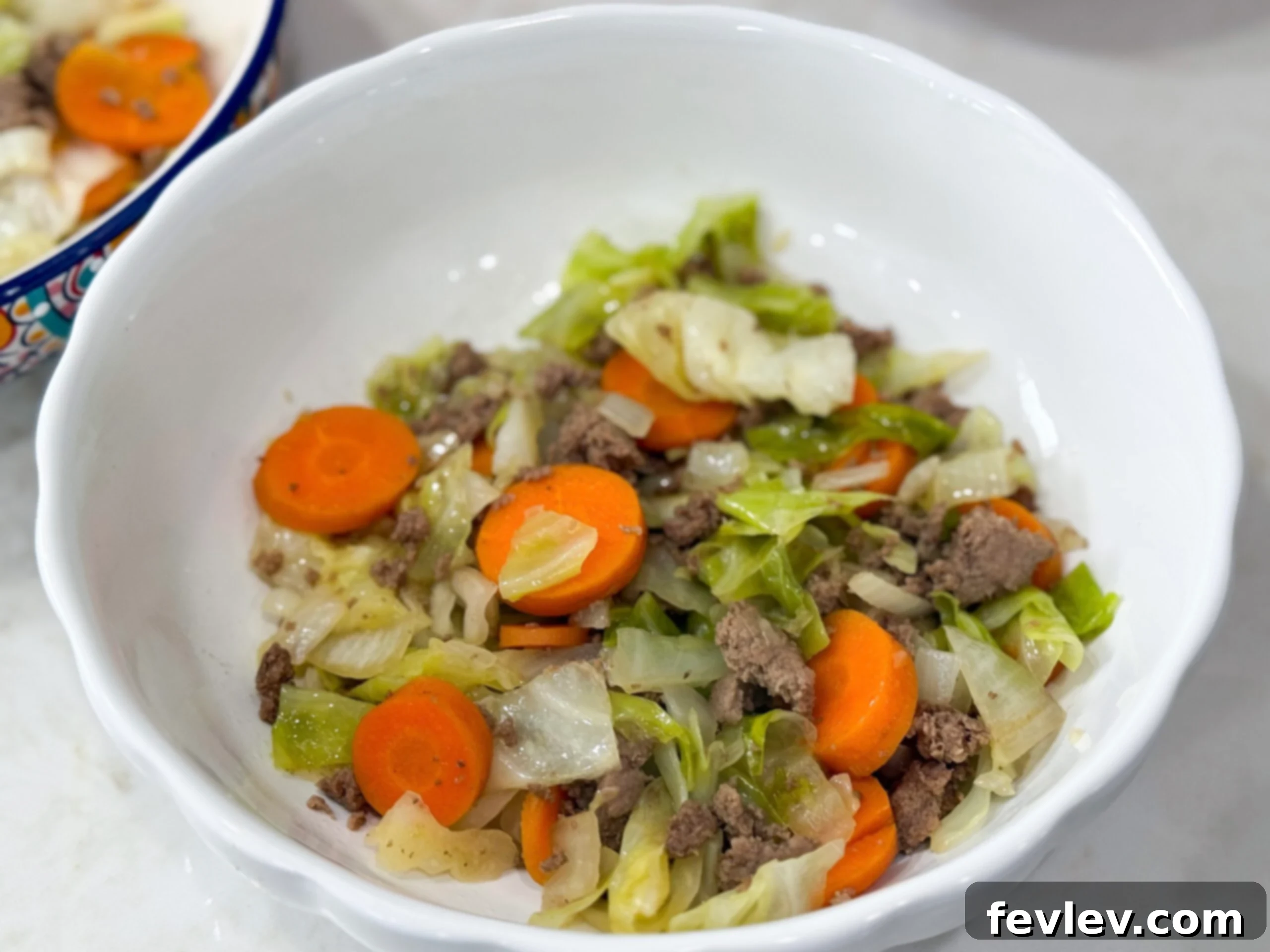 A delicious ground turkey and cabbage stir-fry served in a white bowl, ready to eat. An excellent budget-friendly dinner.