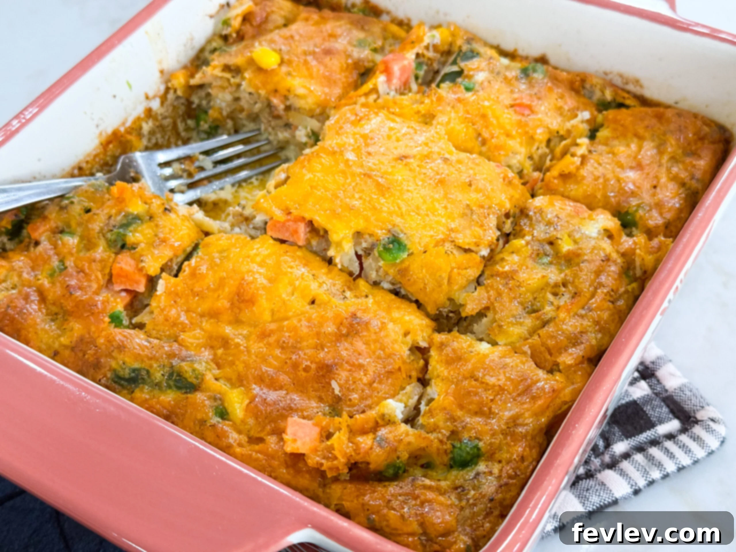 A golden brown egg frittata in a casserole dish, fresh from the oven and ready to be sliced and served. Perfect for dinner or meal prep.