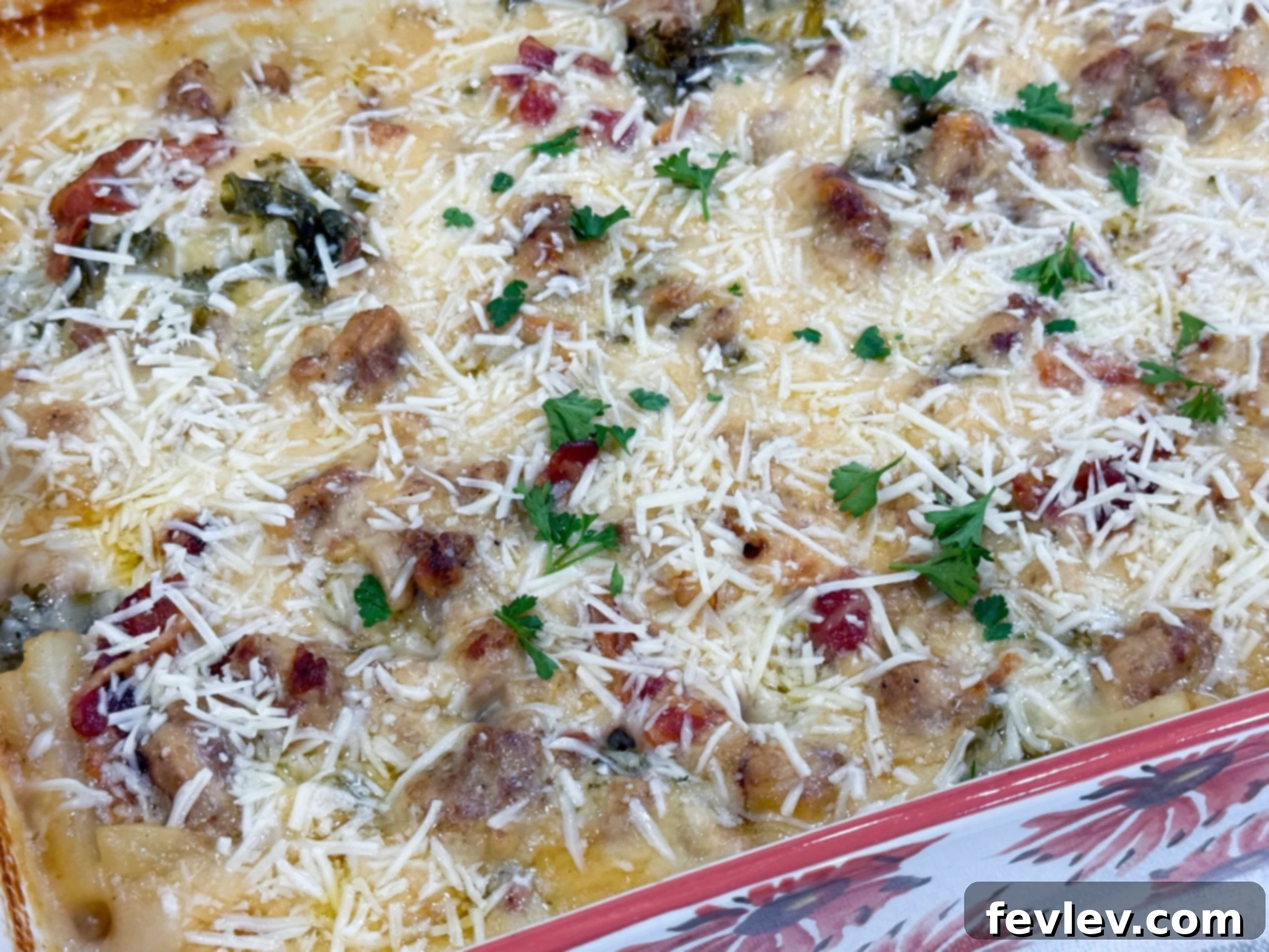 Creamy Tuscan Sausage Potato Kale Casserole 11 Zuppa Toscana Casserole baked in a 9x13 dish with golden Parmesan topping.