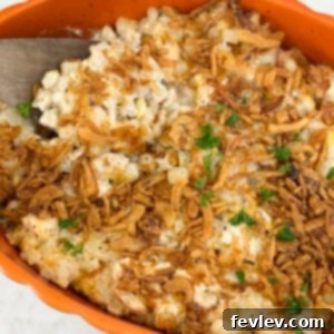 The completed French Onion Chicken Potato Casserole with its crispy topping, ready to be served.