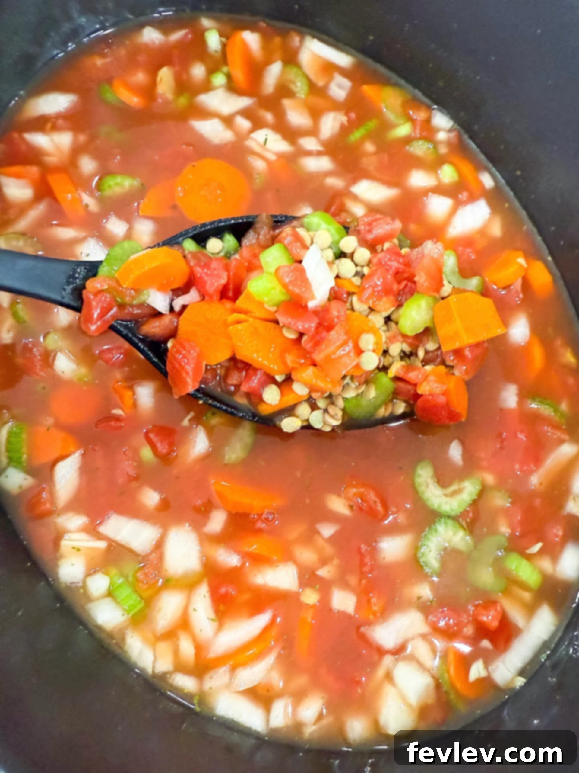 Lentils, broth, seasonings, and vegetables in slow cooker before cooking