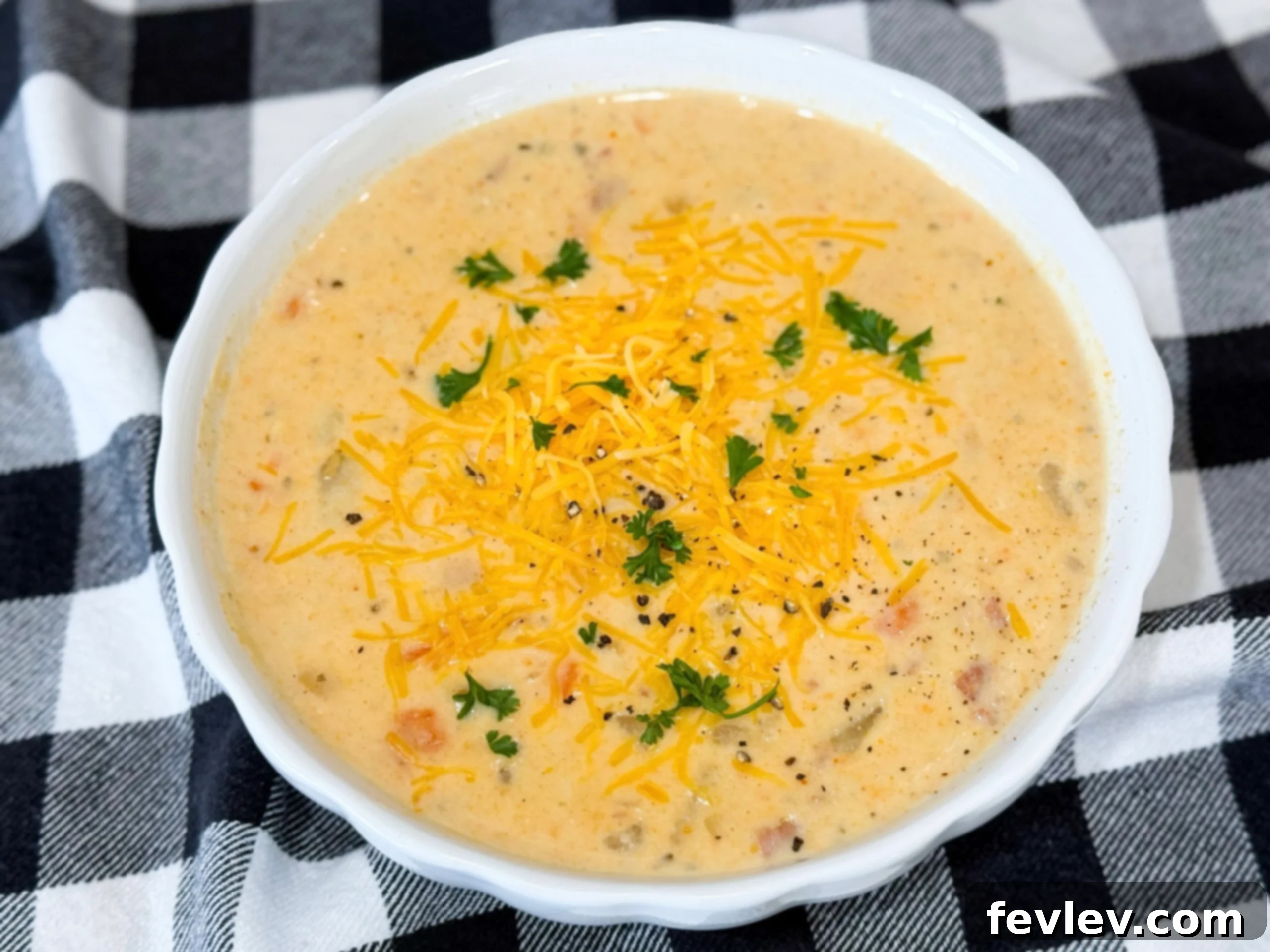A beautifully presented bowl of finished Slow Cooker Ham and Potato Soup, topped with melted cheddar cheese and a sprinkle of fresh green parsley