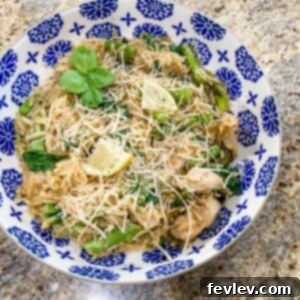 A vibrant bowl of Lemon Chicken and Orzo, garnished with fresh herbs and lemon slices.