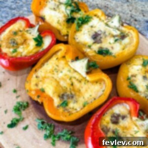 Vibrant bell peppers stuffed with fluffy omelets, cheese, and breakfast sausage, baked to perfection.