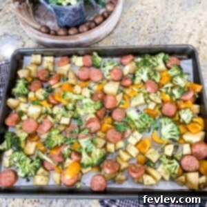 Delicious sheet pan chicken sausage and vegetables, cooked to perfection