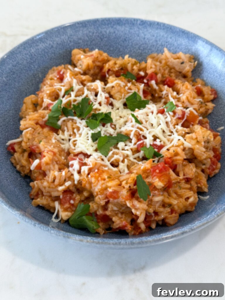 A serving of freshly cooked Caprese Chicken and Rice on a white plate, topped with melted mozzarella and garnished with fresh basil, ready to be enjoyed.