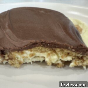 Delicious Eclair No-Bake Cake with layers of graham crackers, vanilla pudding, and chocolate glaze