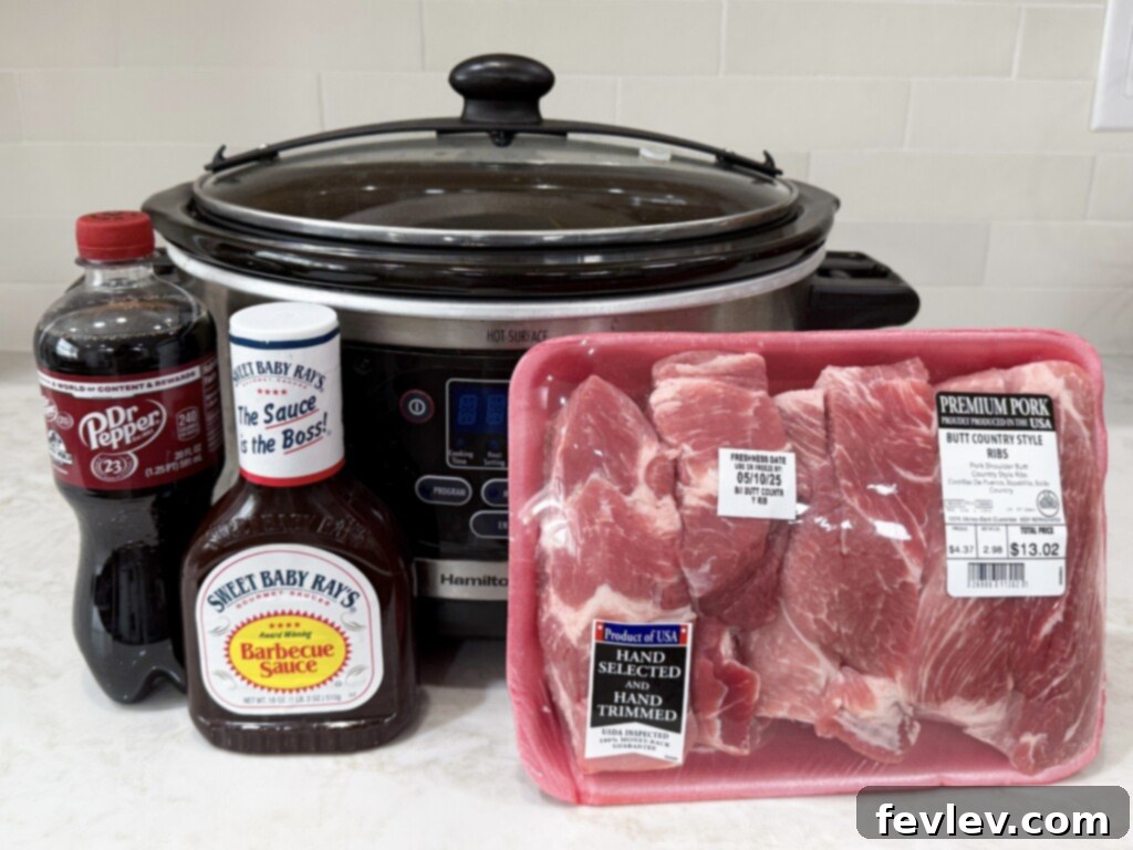 Prime Pork Rib Cut 2 Boneless Pork Ribs ingredients: pork ribs, Dr. Pepper, and BBQ sauce arranged on a wooden board