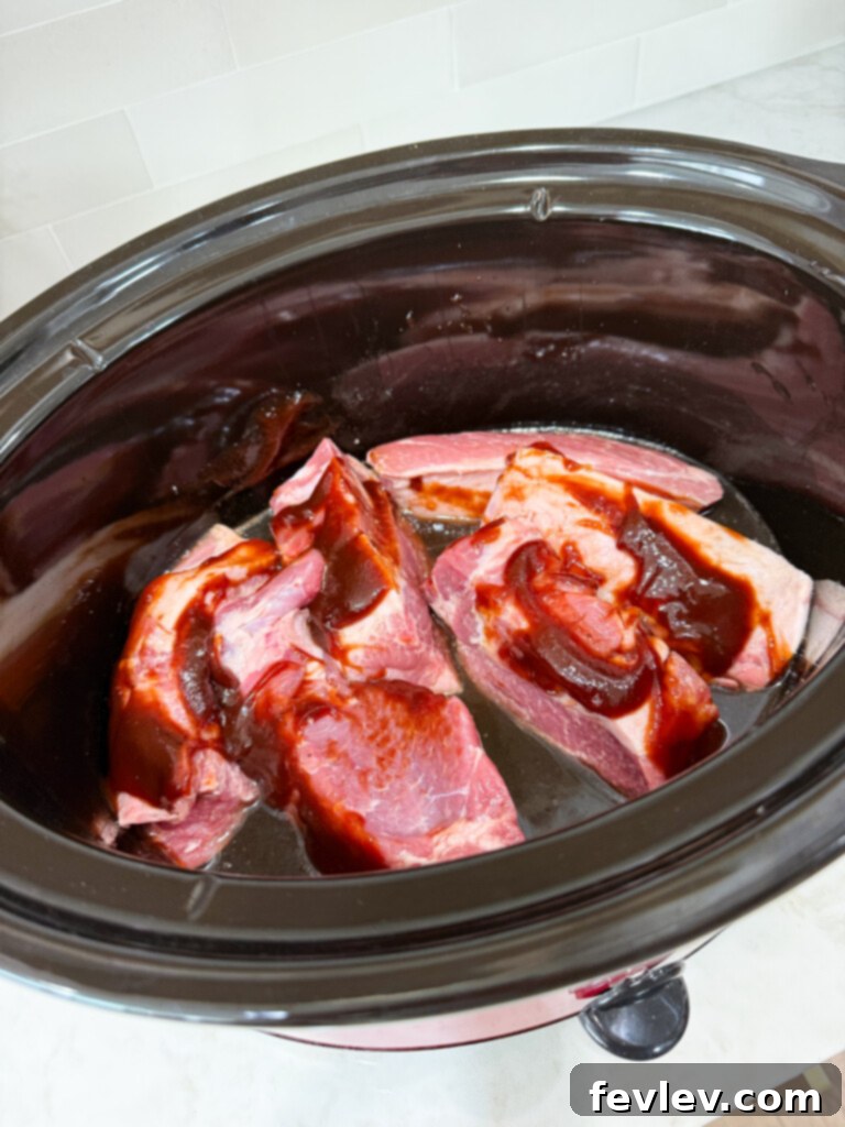 Prime Pork Rib Cut 3 Placing boneless pork ribs into a slow cooker, ready for cooking