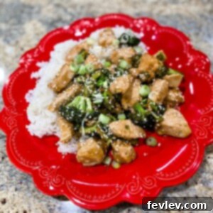 Delicious Chicken and Broccoli Stir Fry with a rich, glossy sauce, served over rice.