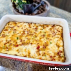 Hearty Breakfast Casserole with eggs, ham, cheese, and hashbrowns