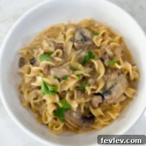 Beef Stroganoff 10 Cooked egg noodles and ground turkey for stroganoff in a white bowl, ready to be served