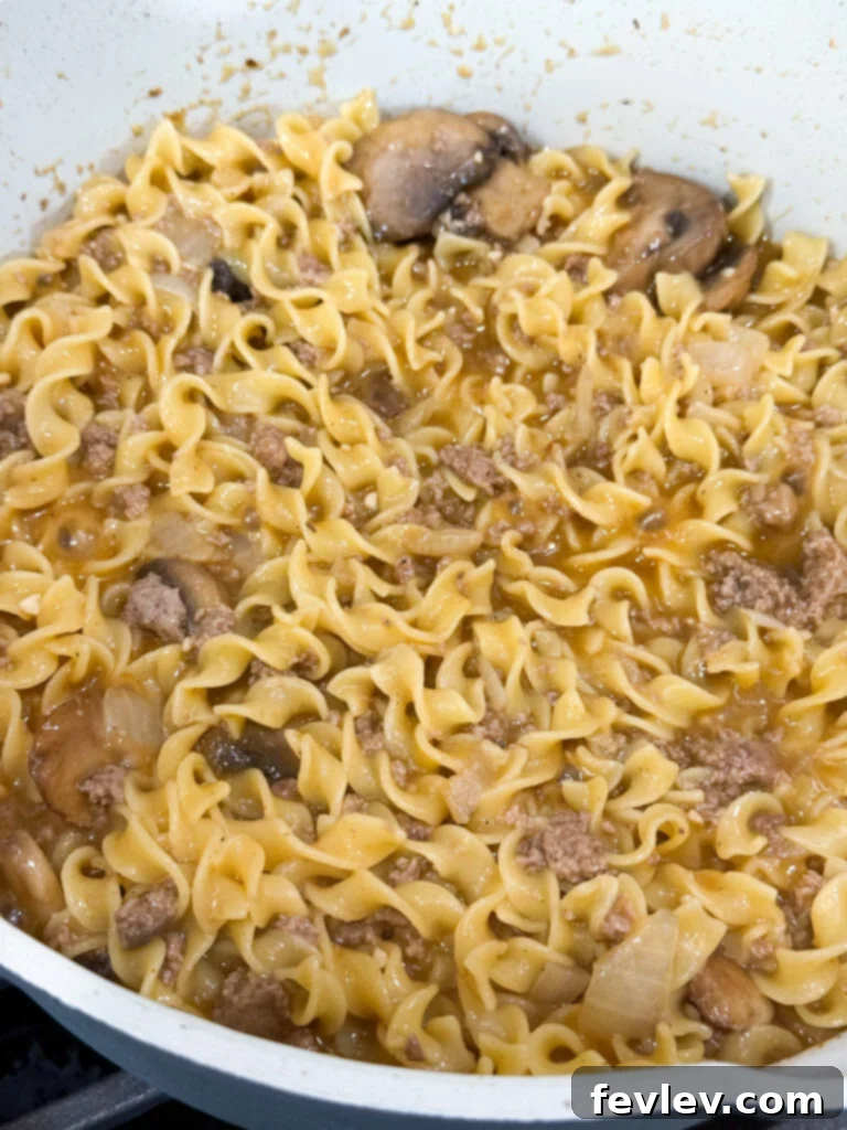 Beef Stroganoff 9 The final ground beef stroganoff dish, featuring tender egg noodles mixed with creamy, seasoned ground beef and mushrooms in a large skillet, ready to be served.