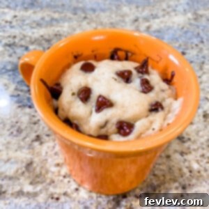 Delicious Microwave Peanut Butter Chocolate Chip Cake in a mug, topped with melted chocolate chips