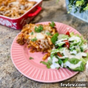 Delicious 5-Ingredient Baked Ziti, freshly baked and cheesy