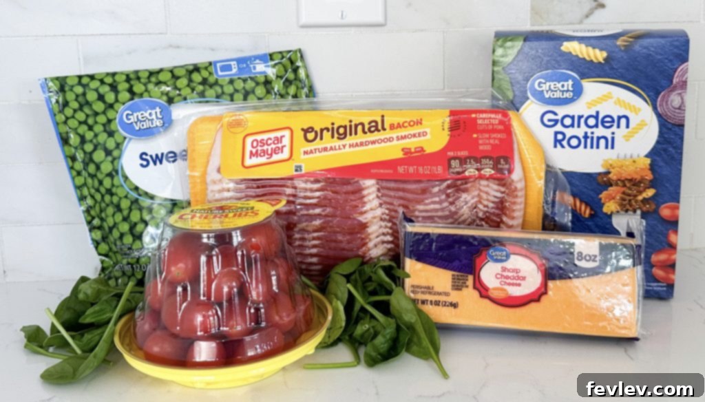 Ultimate Bacon Ranch Pasta 2 Fresh ingredients for Ranch Bacon Pasta Salad including pasta, bacon, cheese, and vegetables