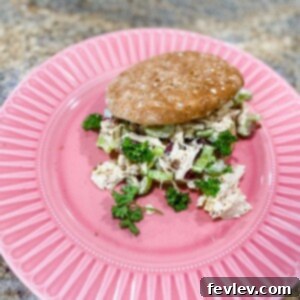 Delicious creamy chicken salad sandwich on a bun