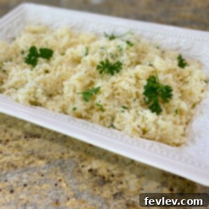 A perfectly cooked bowl of seasoned white rice, garnished with fresh chopped parsley.
