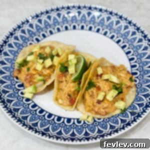 Tacos filled with creamy queso chicken and toppings