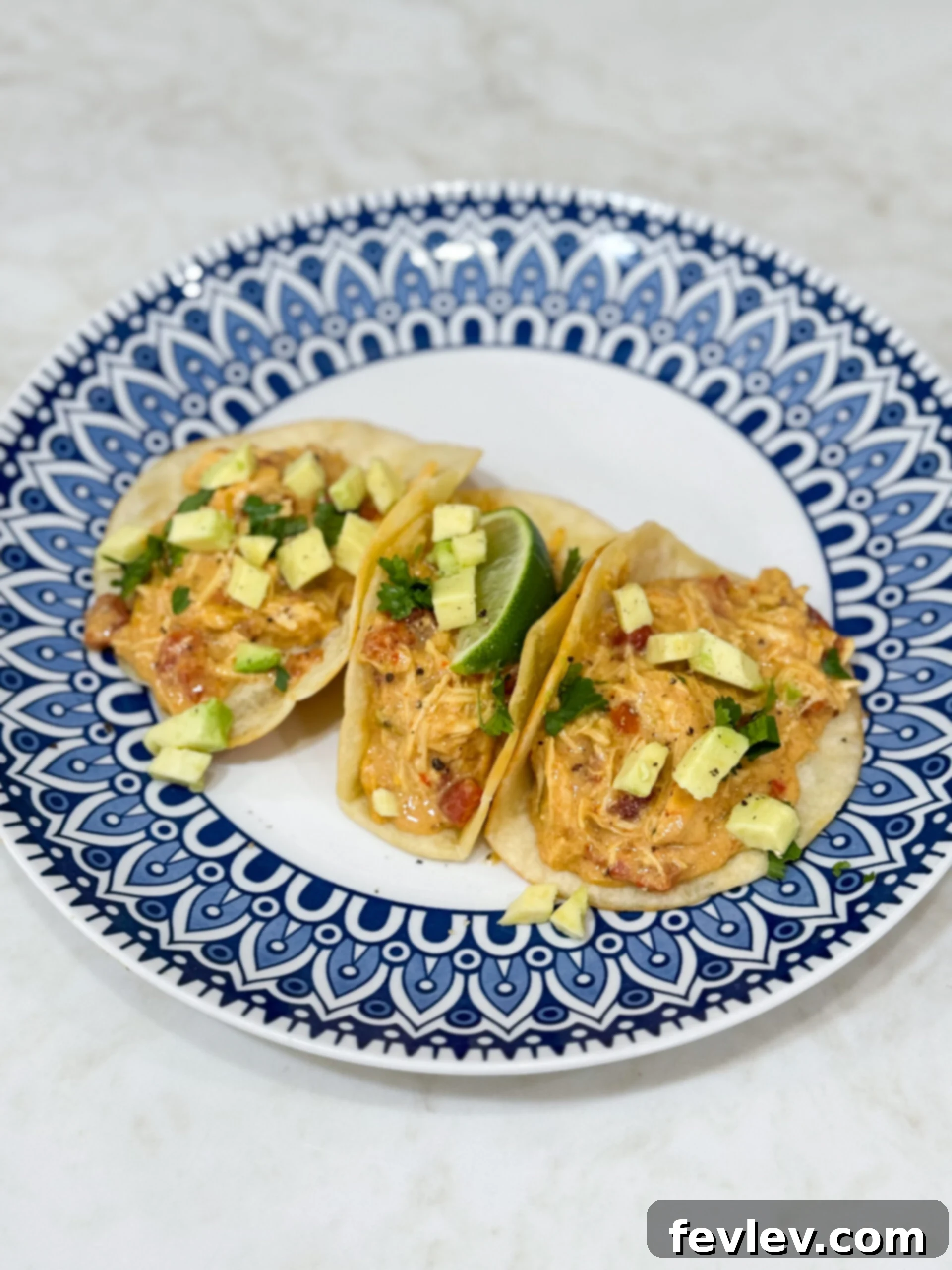 Tacos filled with creamy queso chicken and toppings