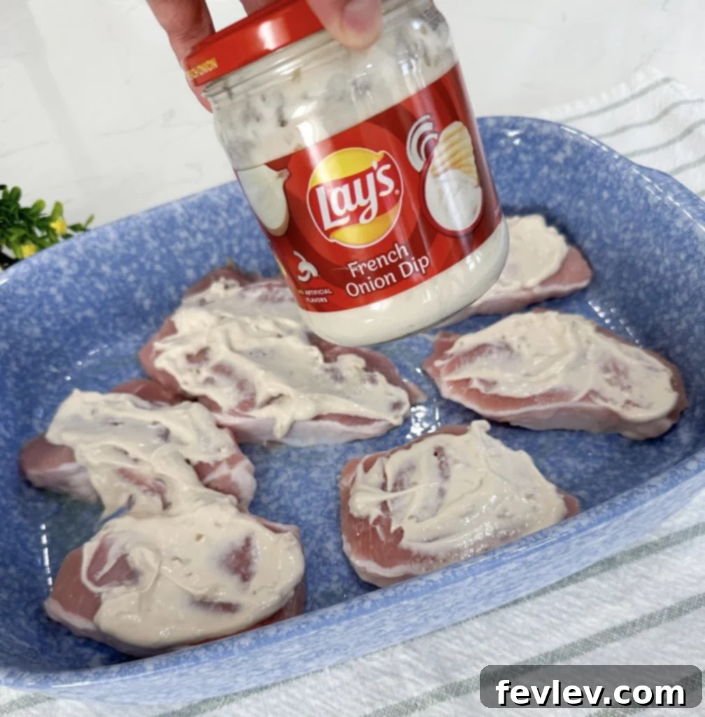 French Onion Glazed Pork Chops 3 First step: Arrange French Onion Pork Chops in a baking dish.