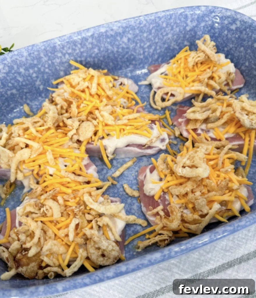 French Onion Glazed Pork Chops 5 Baked French Onion Pork Chops, ready to serve.