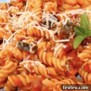 A vibrant bowl of Veggie Packed Pasta, showcasing colorful vegetables and rotini pasta in a rich tomato sauce