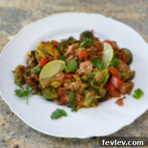 Delicious and healthy Turkey Veggie Skillet with lean ground turkey and colorful vegetables