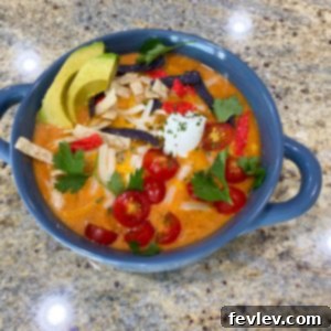 Hearty Lentil Tortilla Soup garnished with fresh cilantro and crispy tortilla strips, ready to serve.