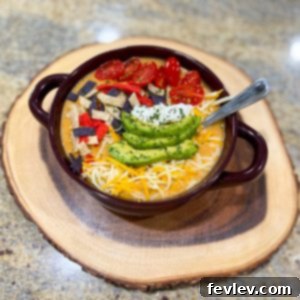 Delicious Cheesy Chicken Enchilada Soup in a bowl