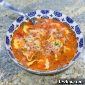 Delicious and creamy One-Pot Tortellini Tomato Soup with fresh basil garnish