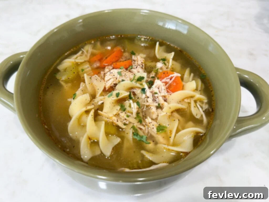 A bowl of freshly made Slow Cooker Chicken Noodle Soup, garnished with a sprinkle of fresh parsley, ready to be enjoyed.