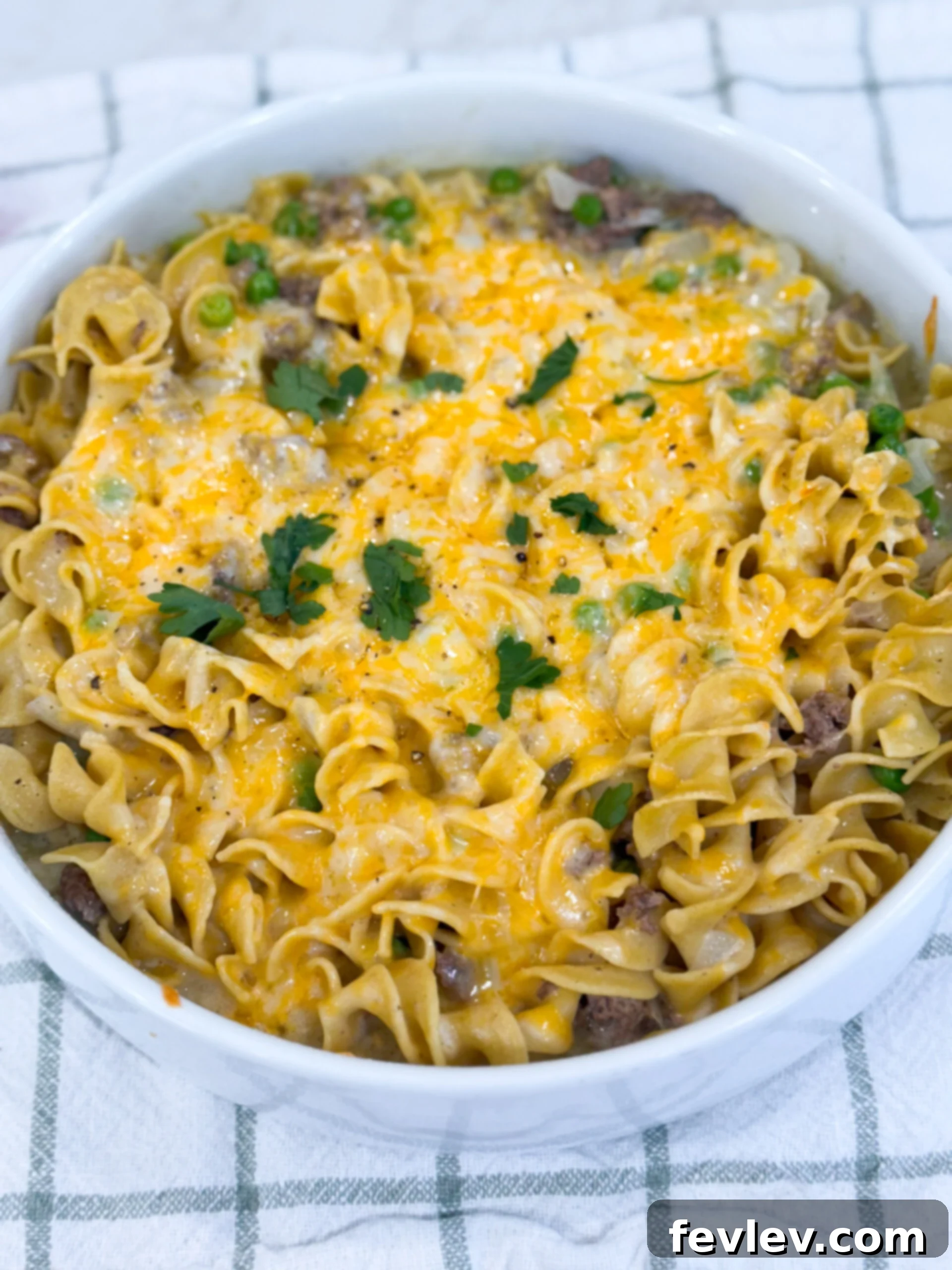 Ground beef stroganoff casserole, baked and bubbly with a golden-brown cheese topping, fresh out of the oven