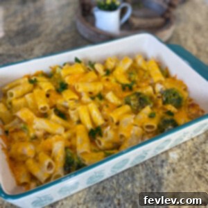 A comforting dish of Creamy Chicken Broccoli with pasta, ready to be served.