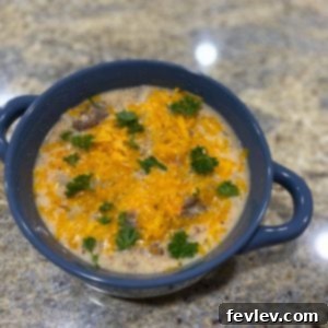 Hearty Slow Cooker Cheeseburger Soup garnished with fresh herbs, a swirl of cream, and crispy bacon bits, served in a rustic bowl.