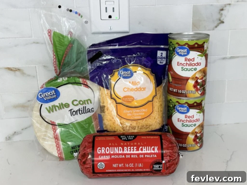 Classic Ground Beef Enchiladas 2 Easy ground beef enchiladas ingredients spread out